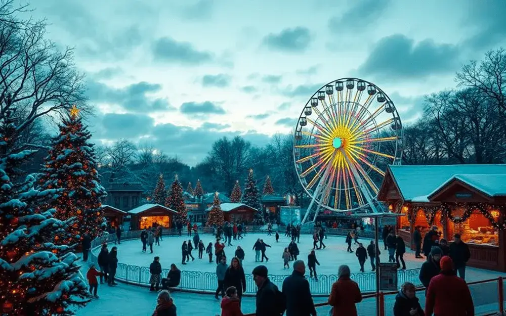 People ice skating at a snowy outdoor winter market with a large illuminated Ferris wheel, festive Christmas trees, and stalls.