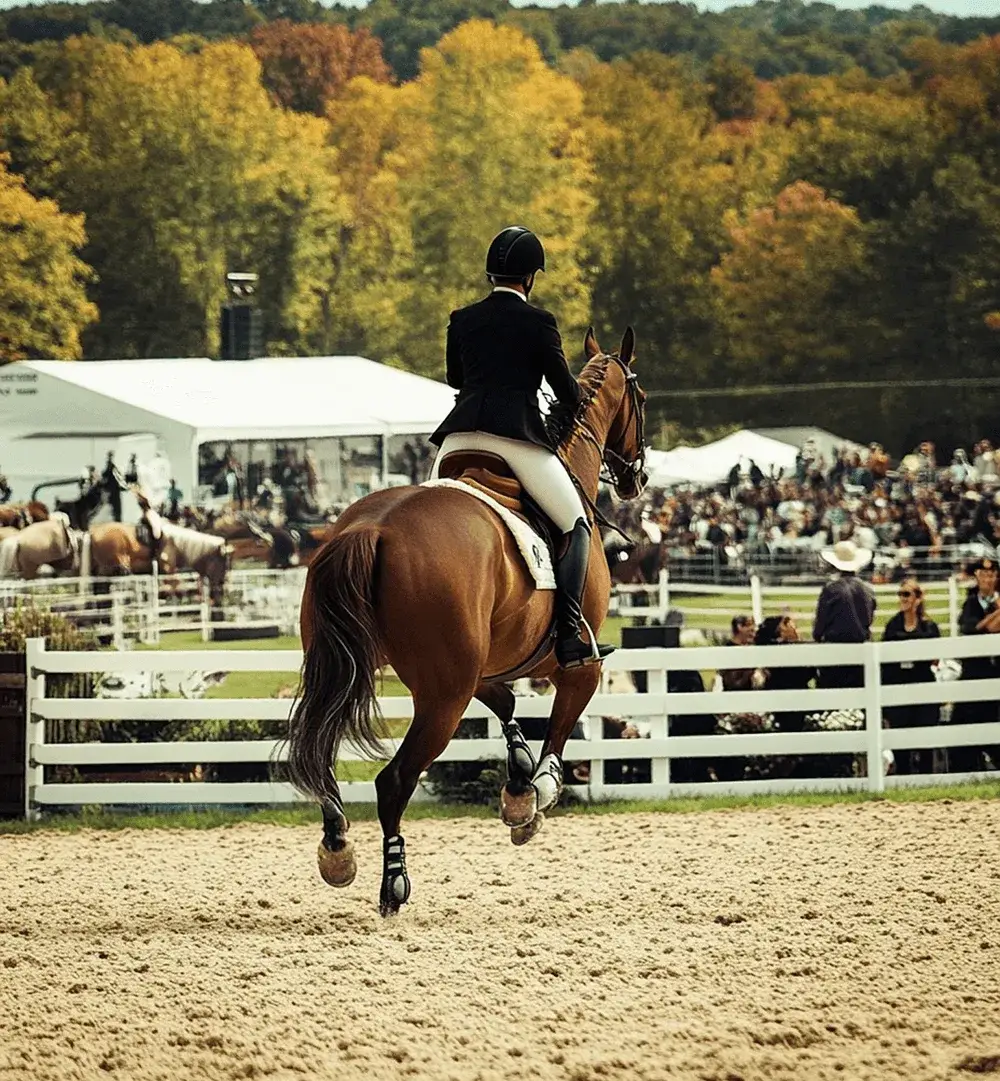 Equestrian rider on a brown horse, hind legs lifted, in a sandy arena with spectators, white tents, and trees.
