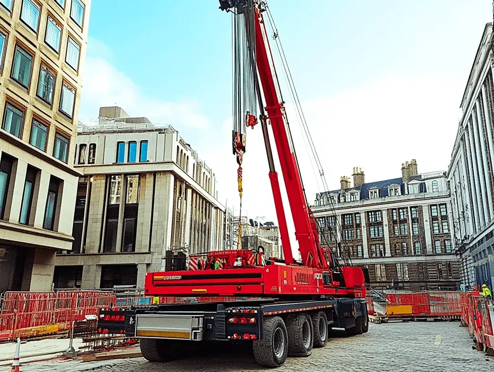 Red mobile crane with extended boom on a cobbled street, surrounded by multi-story city buildings and construction barriers.