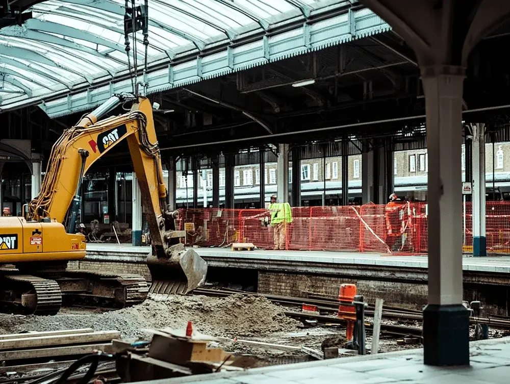 Yellow CAT excavator digging near train tracks at a station platform, with two workers and orange safety fencing.