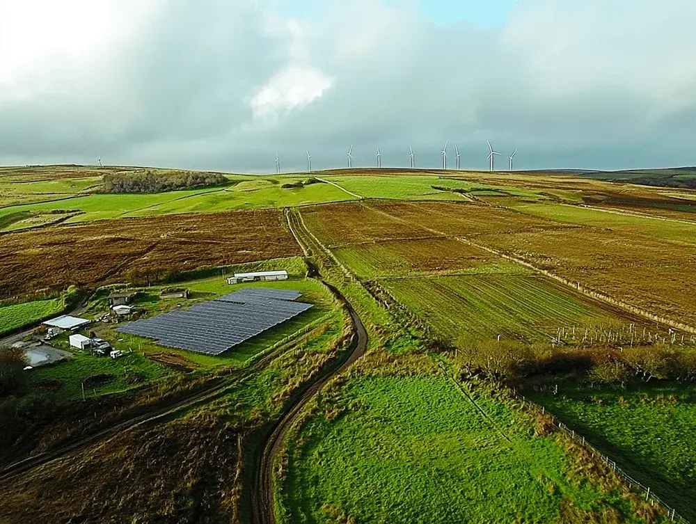 Aerial view: Solar panel array and small buildings in green and brown fields. Wind turbines line the distant horizon under a cloudy sky.